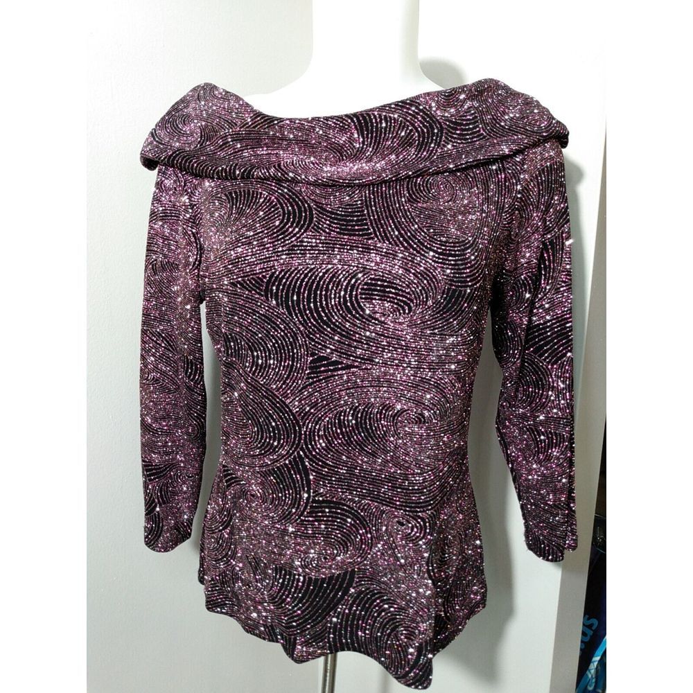 Metaphor Women Black Pink Silver Glitter Cowl Neck Top Size M